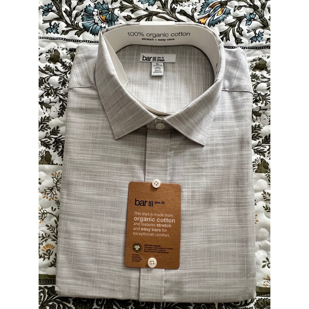 Bar III Mens Slim Fit Stretch Organic Cotton Dress Shirt Gray White XL 17-17.5